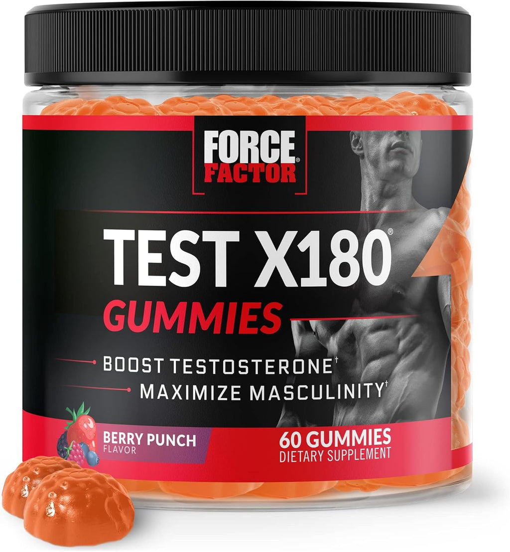 Force Factor Test X180 Gummies Testosterone Booster for Men with Tongkat Ali, Horny Goat Weed, Tribulus Terrestris, Fenugreek, & Black Maca, Testosterone Supplement for Men, Berry Punch, 60 Gummies